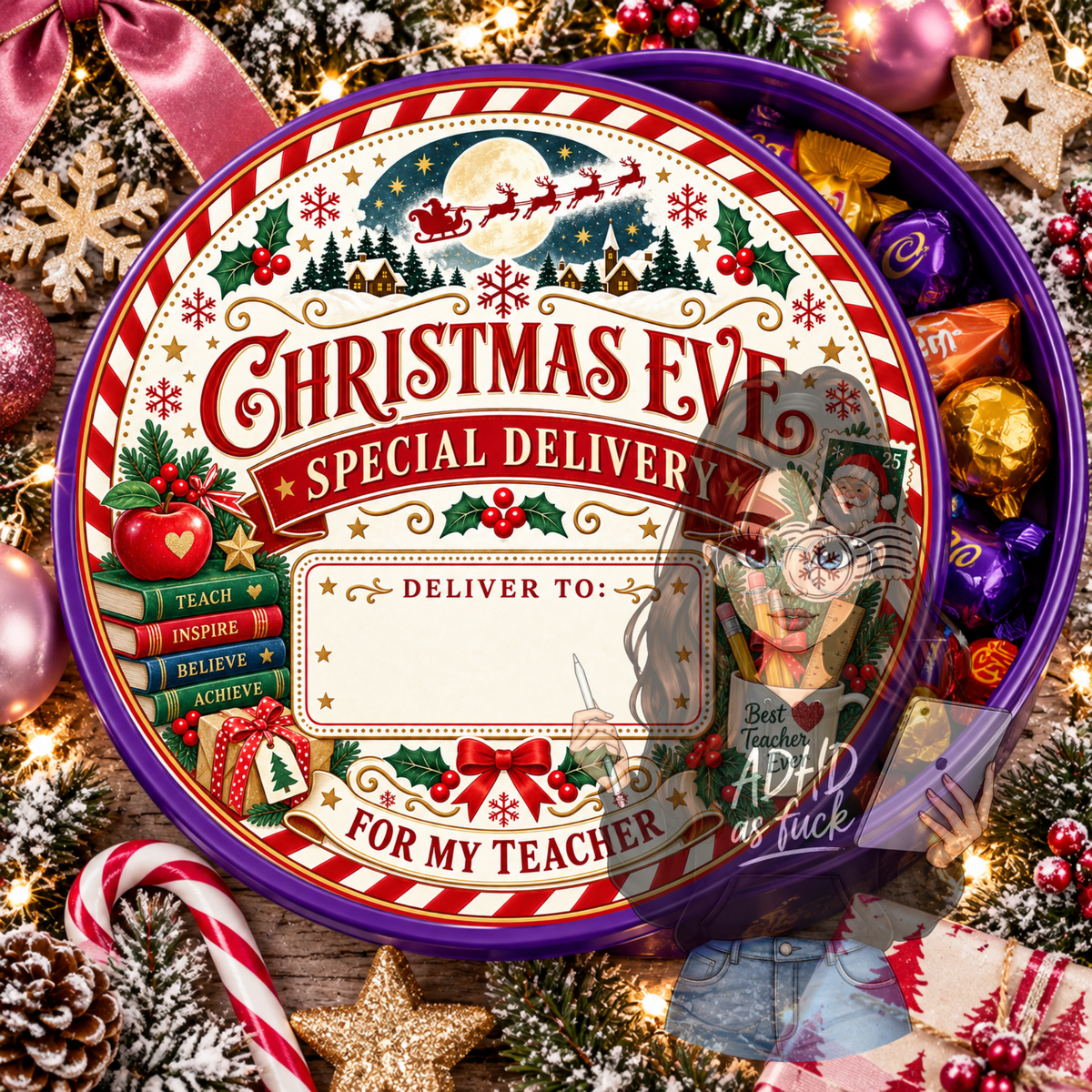School Staff Christmas Chocolate Tub Lid Designs | Set of 10 PNGs | Teacher Christmas Gift Labels | Digital Download