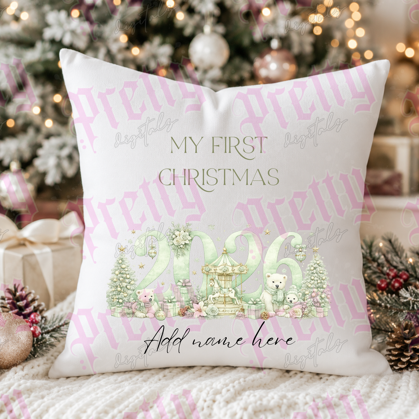 My First Christmas 2026 PNG Bundle | Personalised Baby Christmas Design | Editable Name Sublimation PNG | 4 Colourways | Digital Download with Cushion Mockup