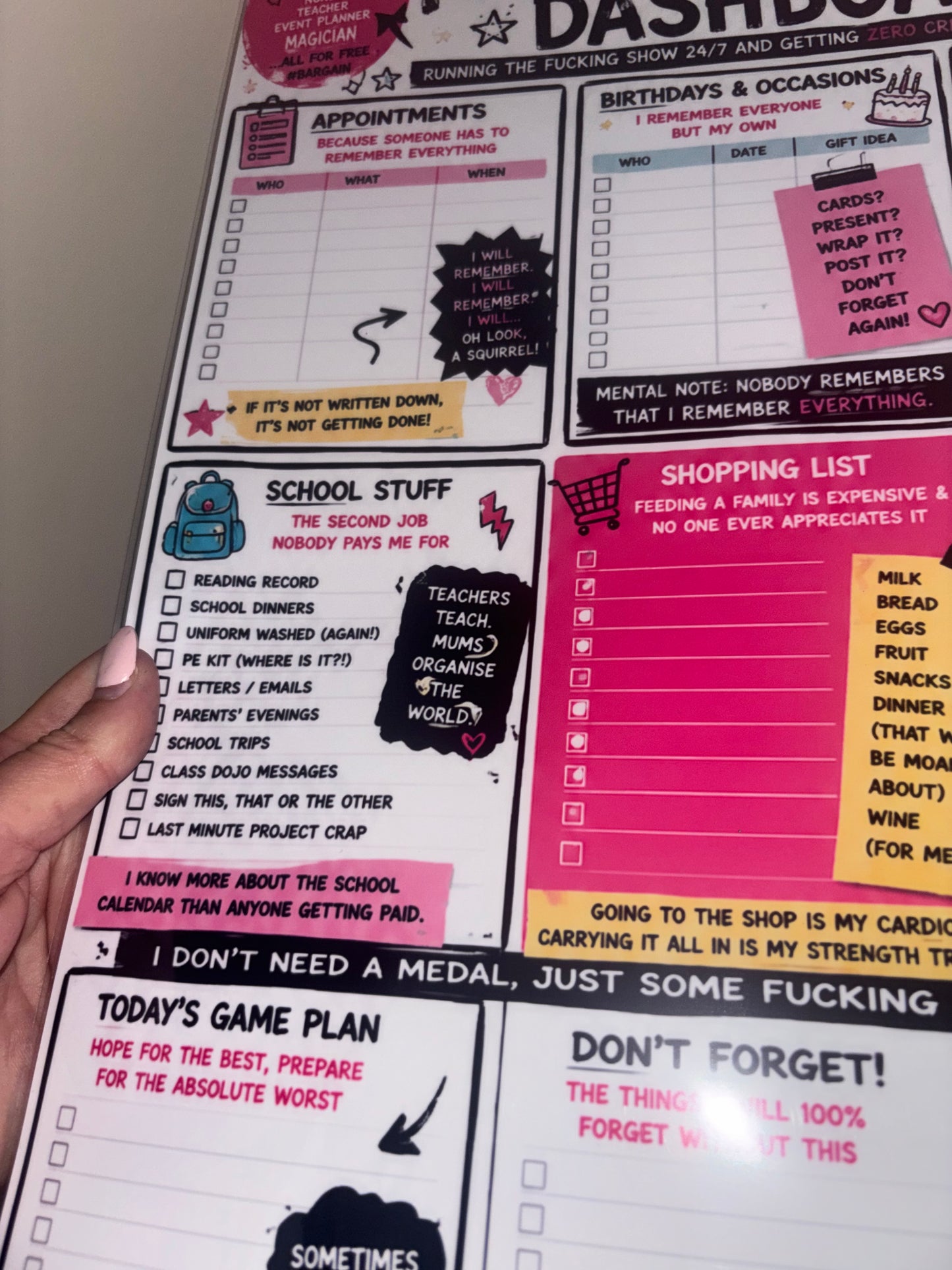 Mum’s Mental Load Dashboard” | A3 Laminated Family Organiser | Funny ADHD Mum Planner | Sweary Household Command Centre | Dry Wipe Reusable Board