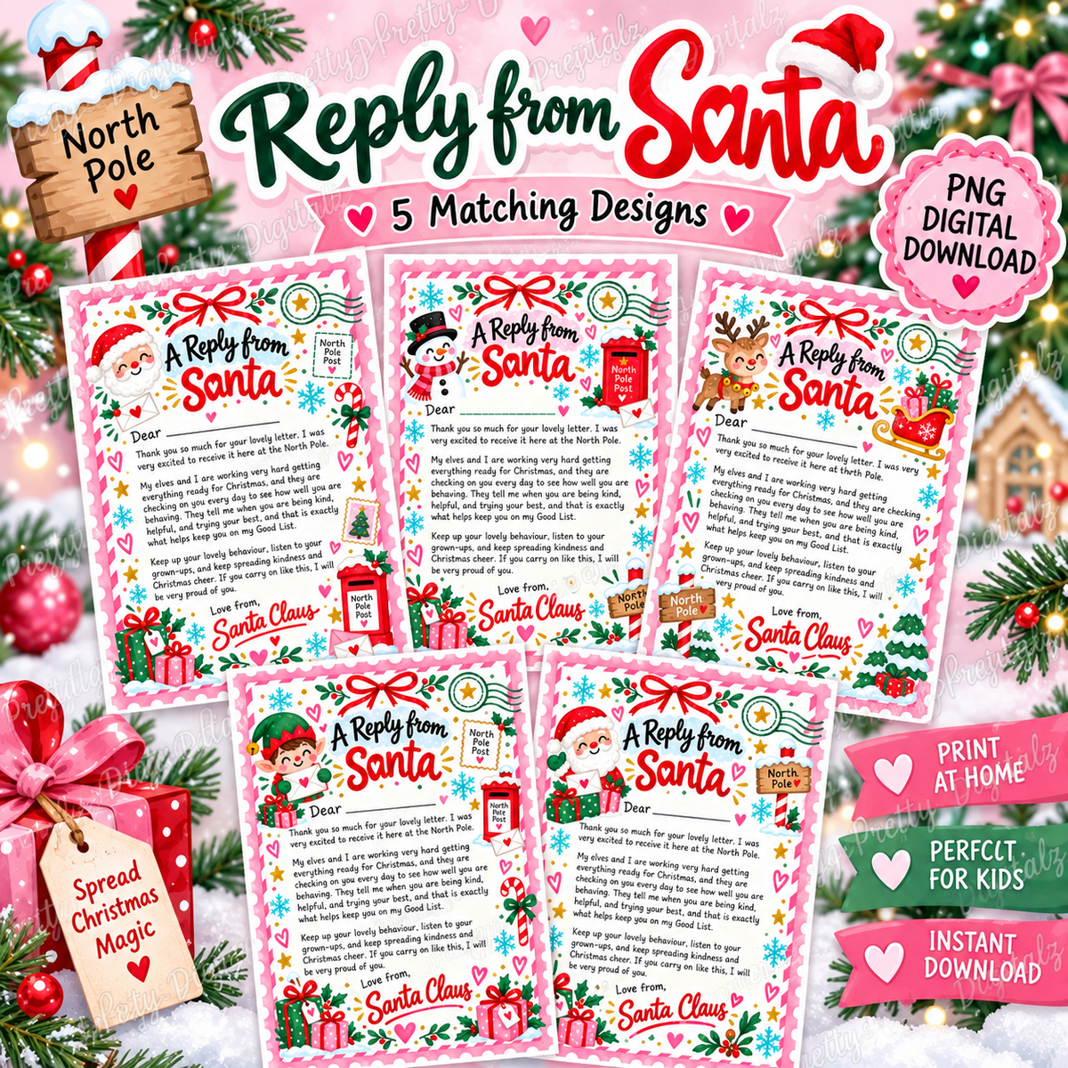 Reply from Santa Letter PNG Bundle | 5 Matching Christmas Designs | Personalised Santa Letter Digital Download