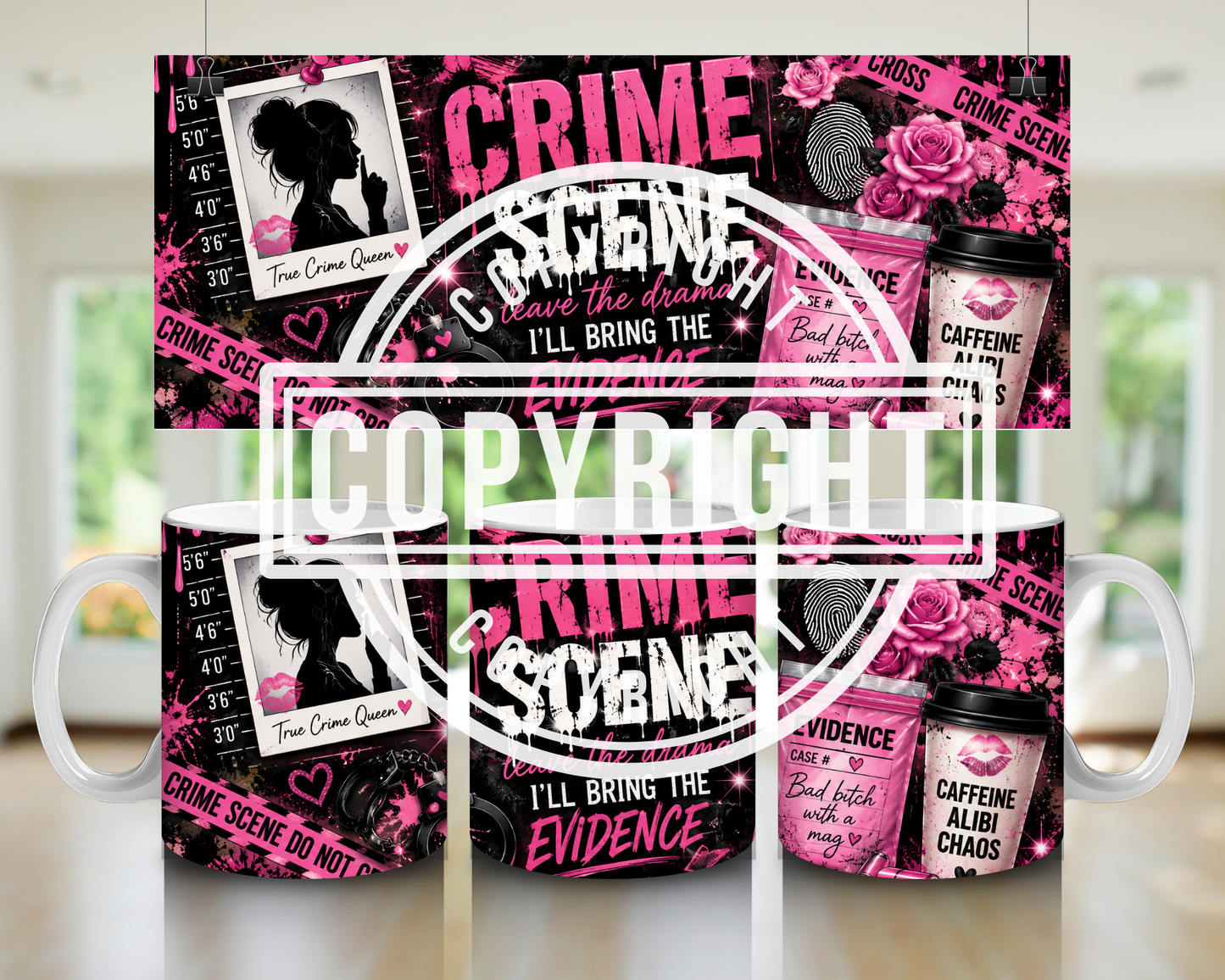 Pink & Black Crime Scene Mug Wrap Bundle | True Crime Sublimation PNG Designs | 11oz Mug Wraps | Girly Crime Digital Download
