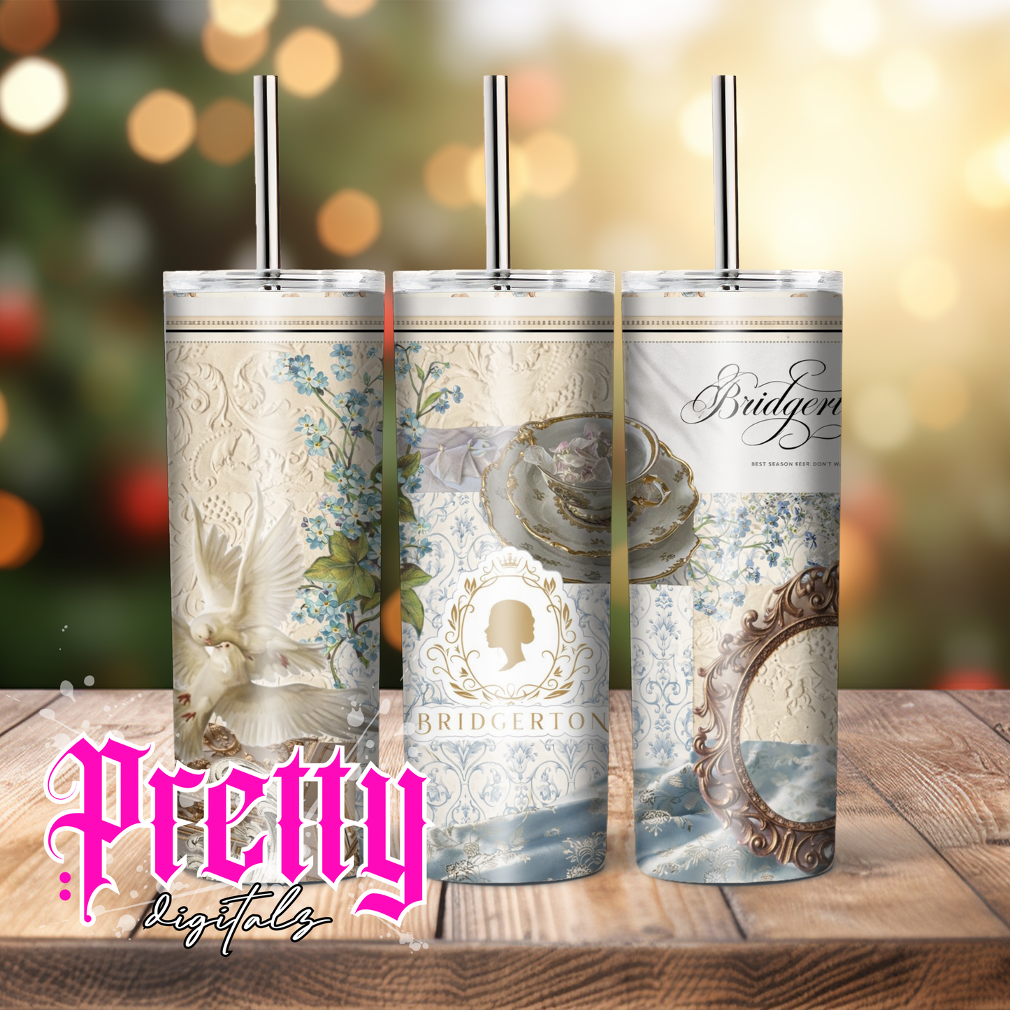 Bridgerton Inspired Tumbler Wrap Bundle – Set of 6 Regency Aesthetic 20oz Skinny Tumbler Designs | Lady Whistledown Floral Vintage Tea Party Sublimation PNG