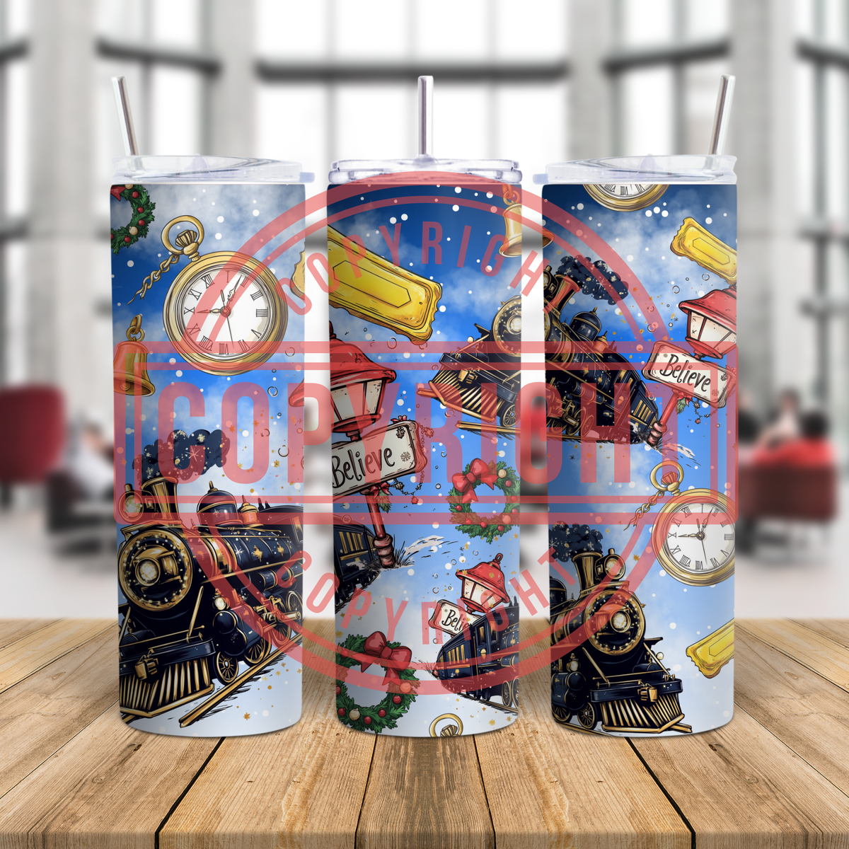 North Pole Express Christmas Tumbler Wrap PNG | Festive Train Believe Design | 20oz Skinny Tumbler Sublimation Download