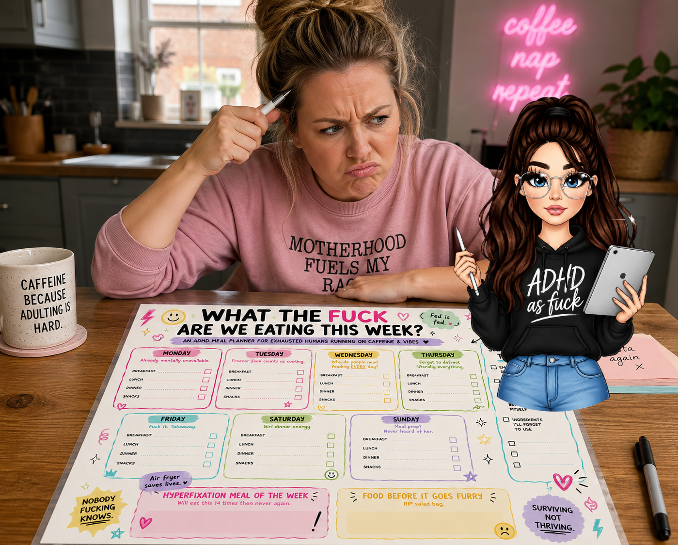 ADHD As Fuck Weekly Meal Planner | A3 Laminated Reusable Meal Planner | Funny Sweary Mum Planner | Pastel Chaos Kitchen Organiser