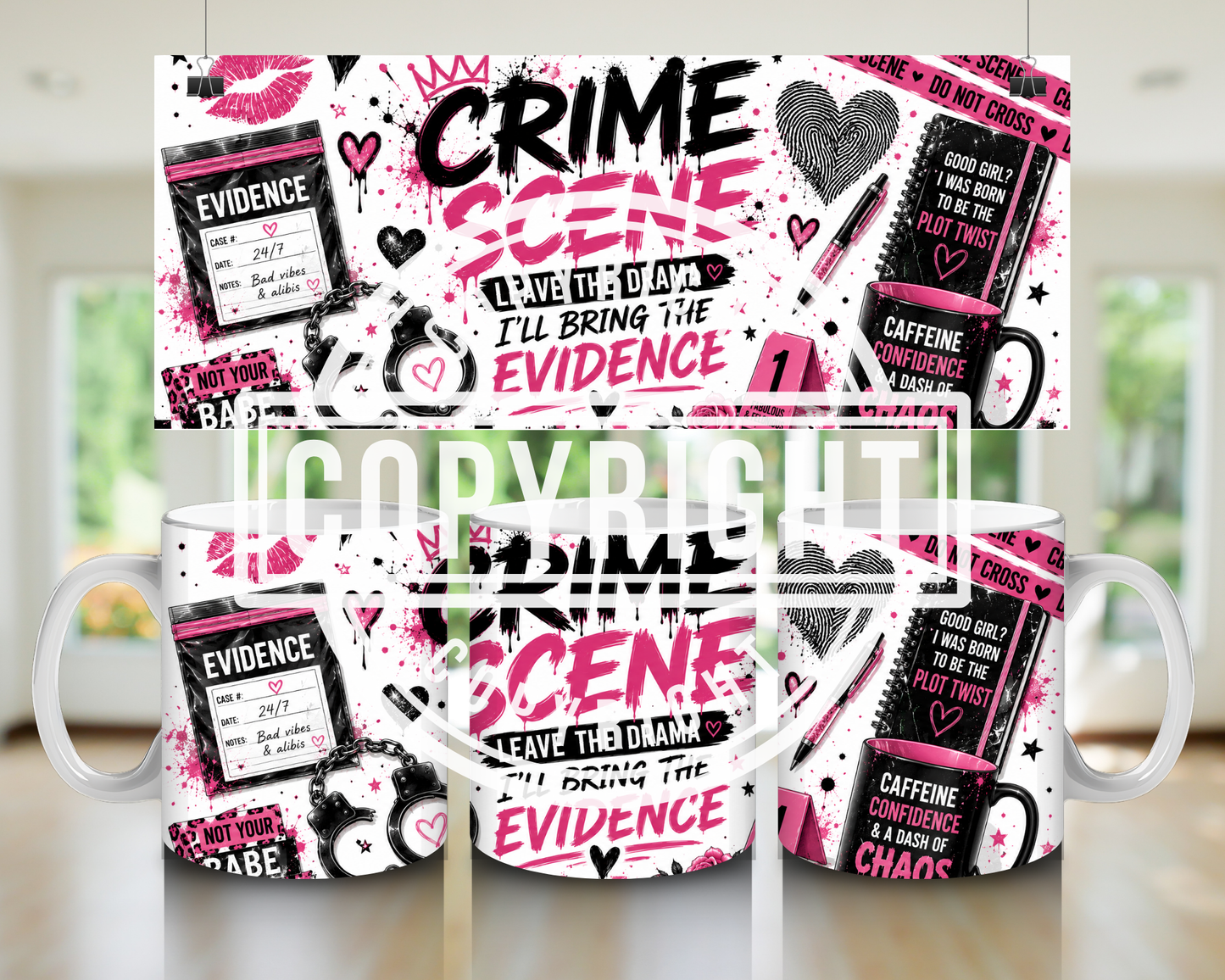 Pink & Black Crime Scene Mug Wrap Bundle | True Crime Sublimation PNG Designs | 11oz Mug Wraps | Girly Crime Digital Download
