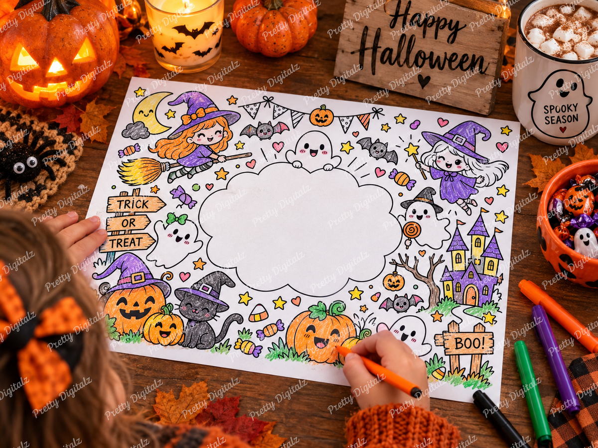 Personalised Halloween Colouring Mats | 10 A4 Halloween Activity Sheets | Add Any Name | Printable Digital Download