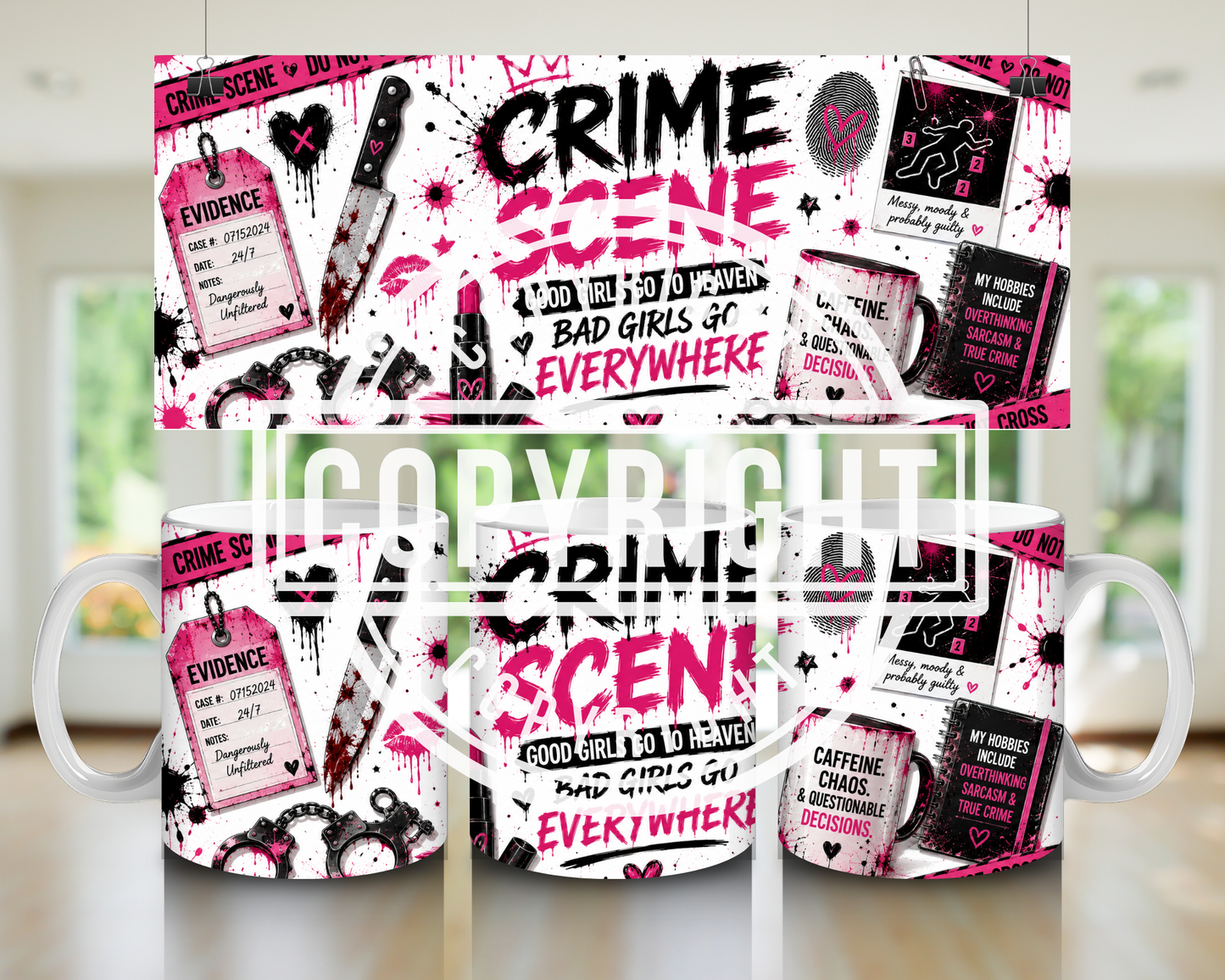 Pink & Black Crime Scene Mug Wrap Bundle | True Crime Sublimation PNG Designs | 11oz Mug Wraps | Girly Crime Digital Download