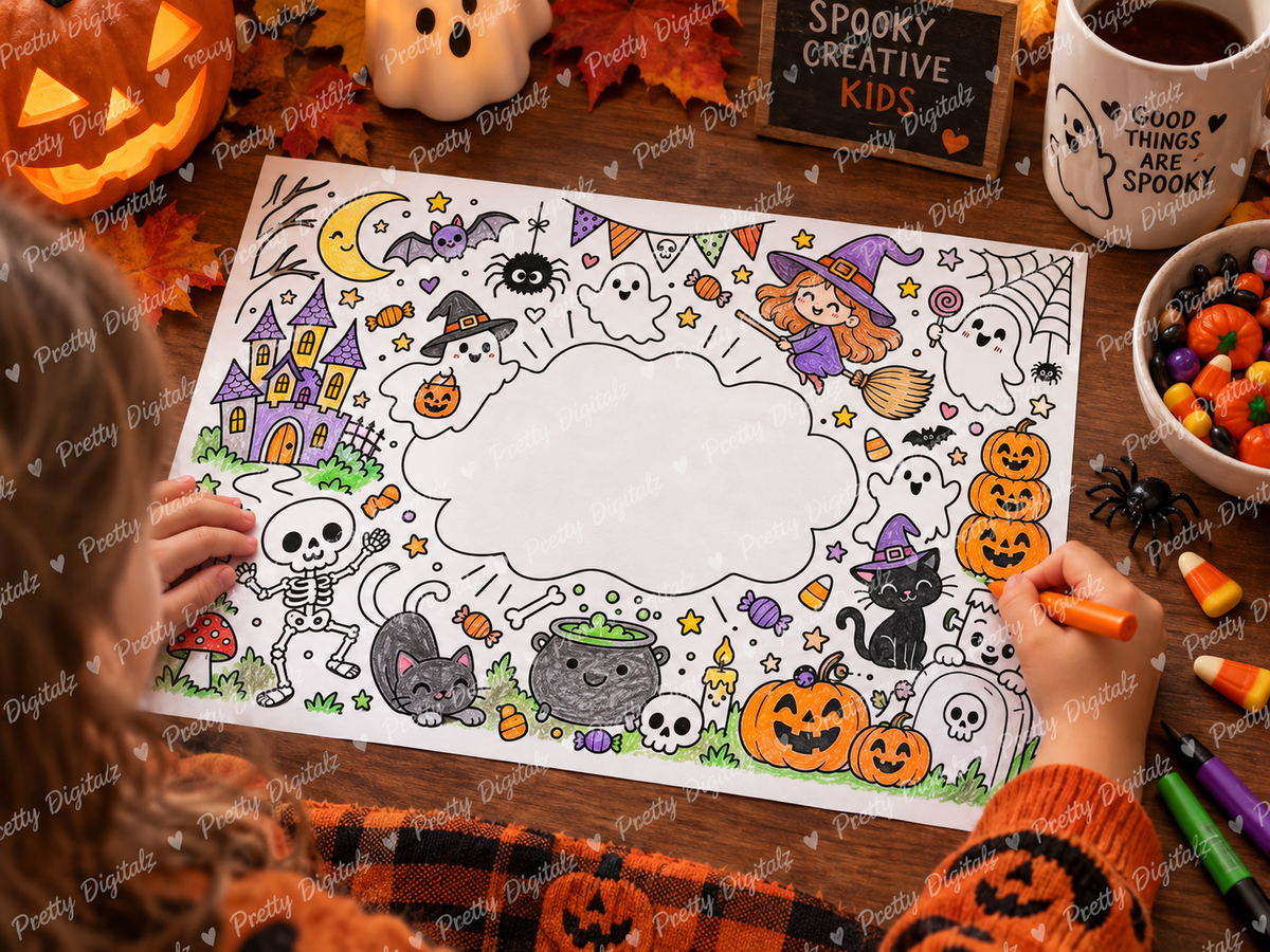 Personalised Halloween Colouring Mats | 10 A4 Halloween Activity Sheets | Add Any Name | Printable Digital Download