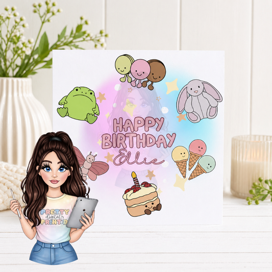 Personalised Jelly Cute Birthday Card | 6x6 Custom Name Card | Pastel Kawaii Birthday Card for Girls | Handmade Children’s Birthday Card UK