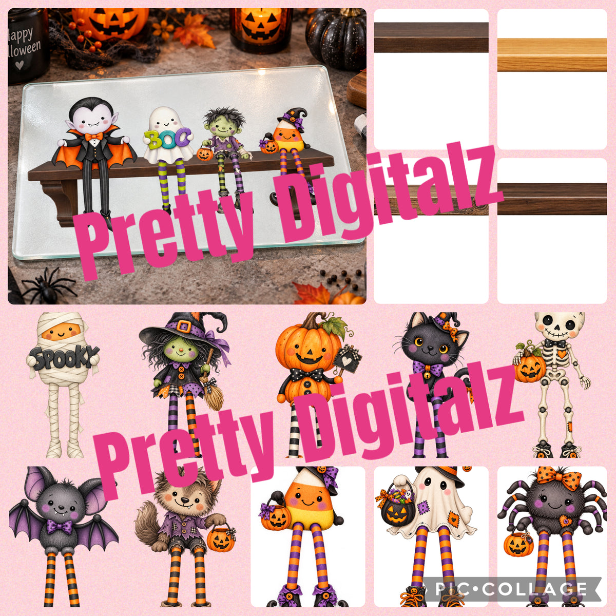 Halloween Shelf Sitter PNG Bundle | 13 Cute Characters + 6 Wooden Shelves | Watercolour Halloween Digital Download