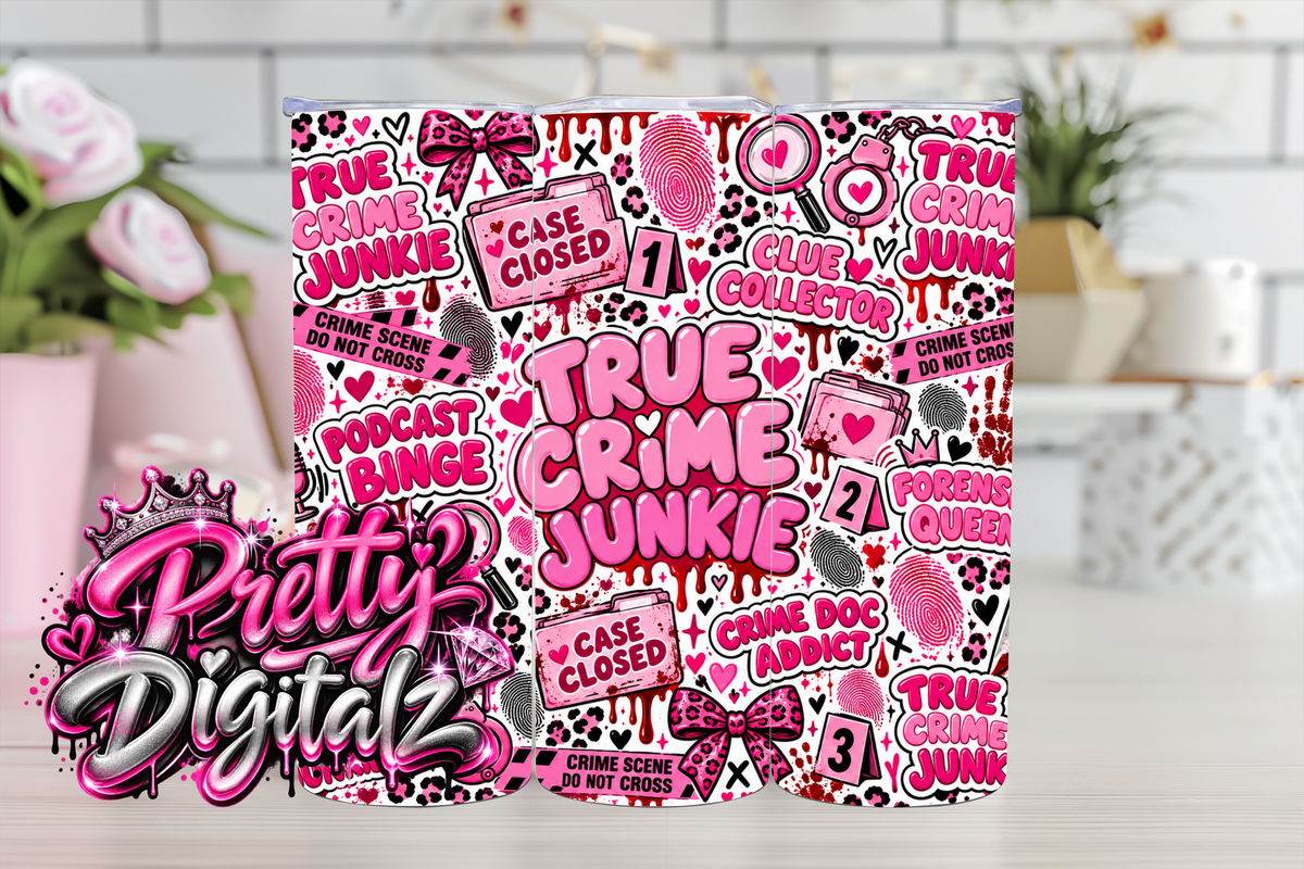 True Crime Junkie Tumbler Wrap Bundle | 8 Pink Crime PNG Designs | 20oz Sublimation Digital Download