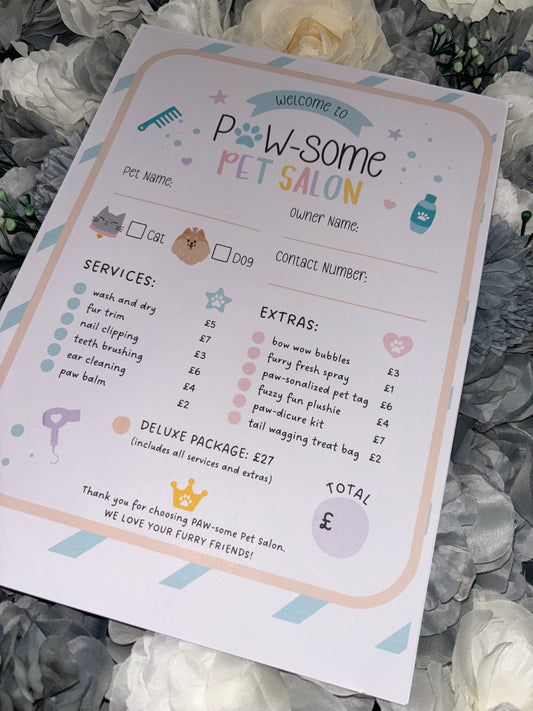 PAW-some Pet Salon Role Play Pad | 20 Page Tear-Off Kids Activity | Pretend Play Grooming Salon | Personalised Pet Shop Play Set | Kids Gift Idea