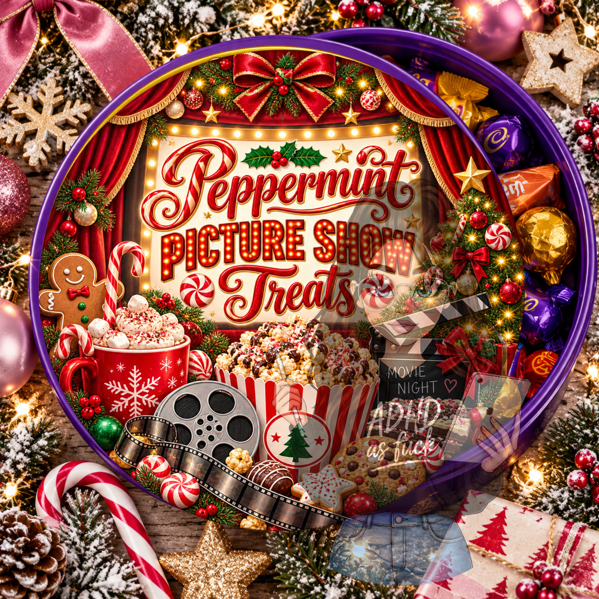 Christmas Movie Treats Chocolate Tub Topper Bundle | 10 Festive Circular PNG Designs | Digital Download