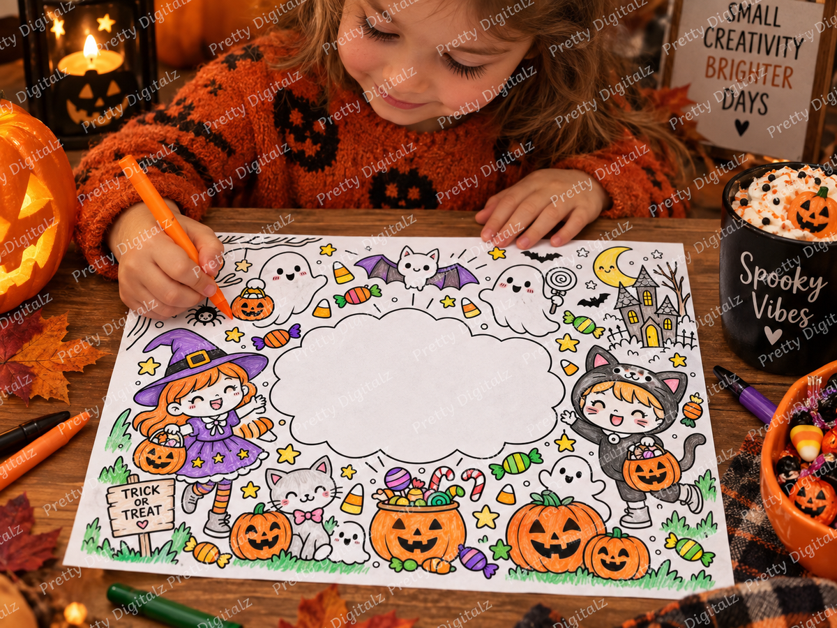 Personalised Halloween Colouring Mats | 10 A4 Halloween Activity Sheets | Add Any Name | Printable Digital Download