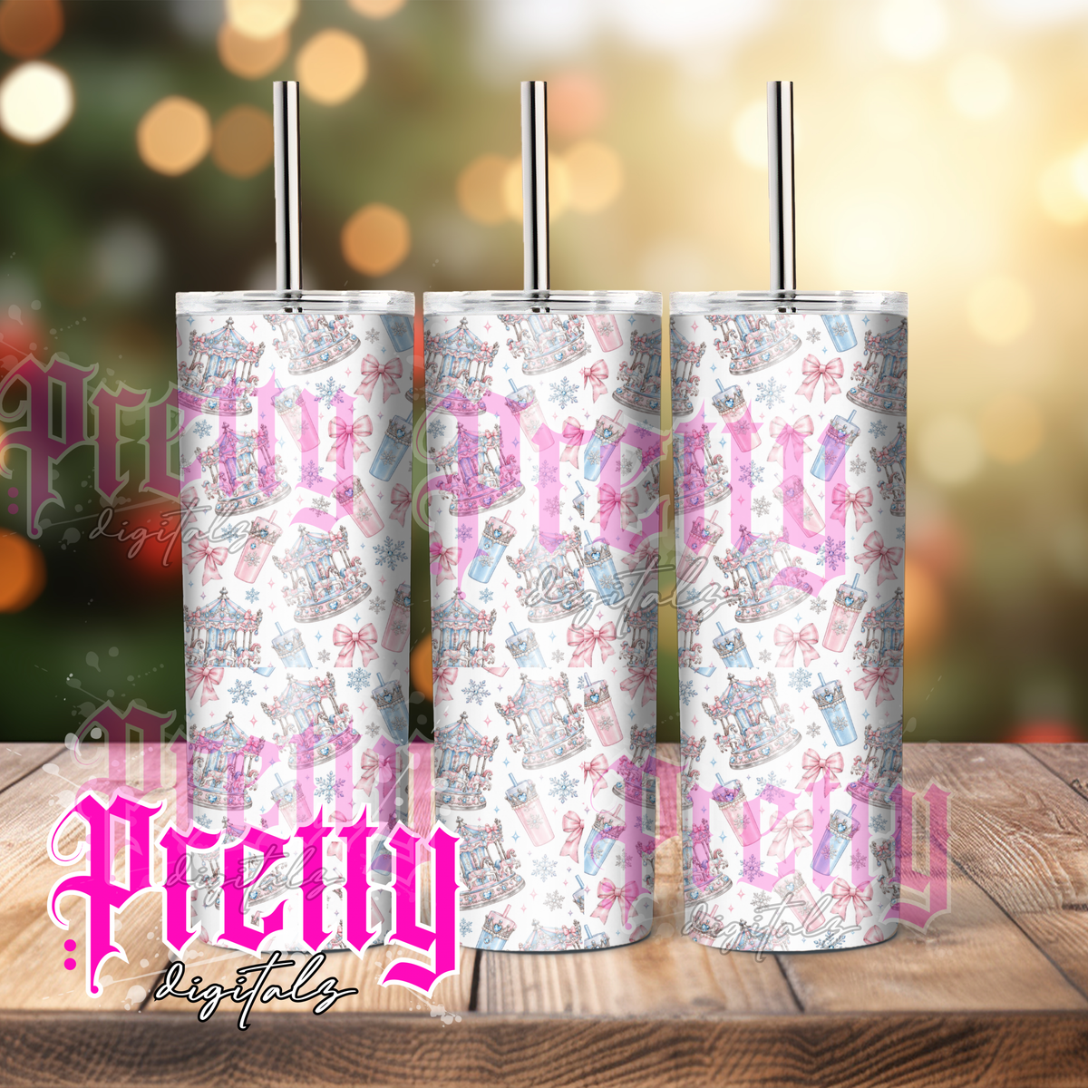 6 Pink Carousel Tumbler Wrap Bundle | Coquette Christmas PNGs | 20oz Skinny Tumbler Sublimation Designs