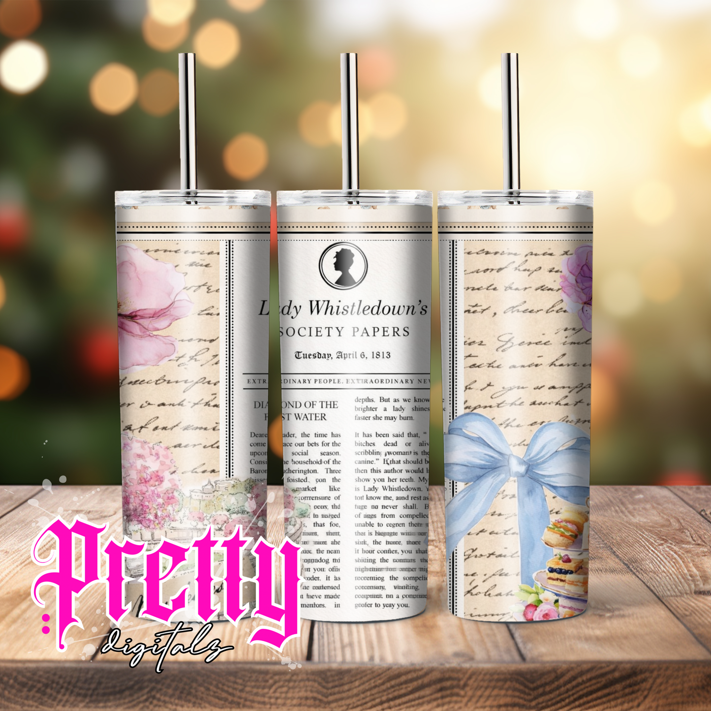 Bridgerton Inspired Tumbler Wrap Bundle – Set of 6 Regency Aesthetic 20oz Skinny Tumbler Designs | Lady Whistledown Floral Vintage Tea Party Sublimation PNG