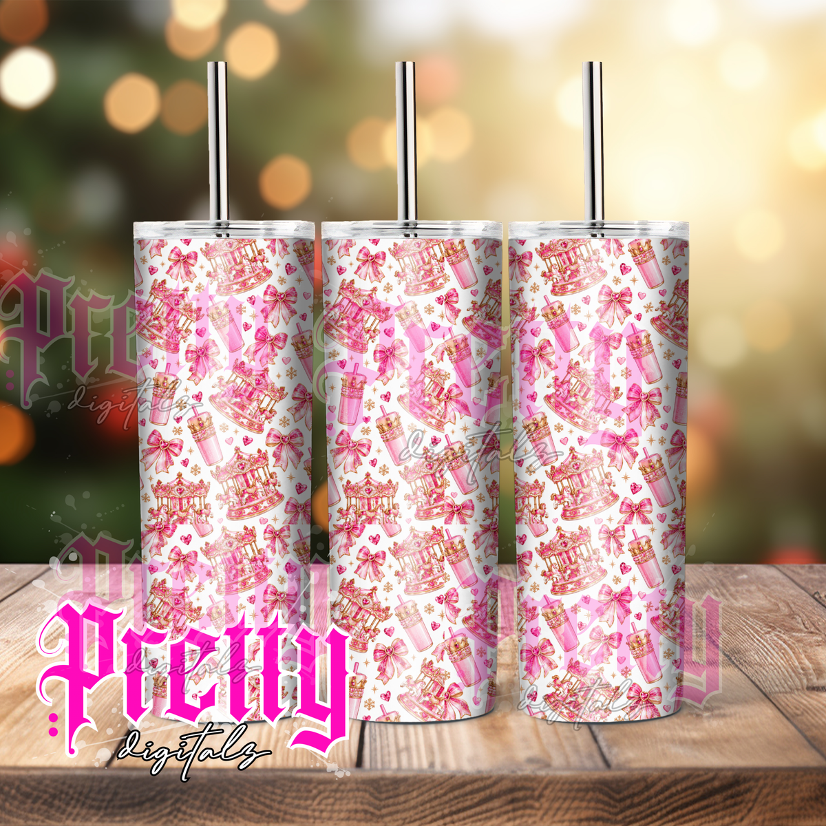 6 Pink Carousel Tumbler Wrap Bundle | Coquette Christmas PNGs | 20oz Skinny Tumbler Sublimation Designs