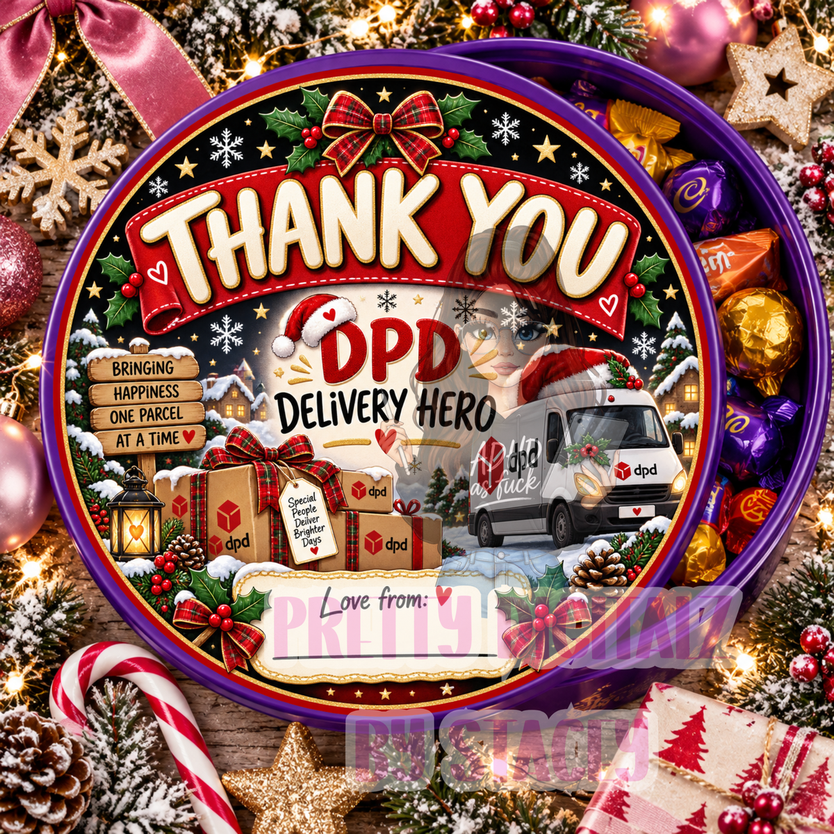 Christmas Delivery Driver Chocolate Tub Stickers | Set of 6 Digital PNG Designs | Royal Mail, DPD & Evri