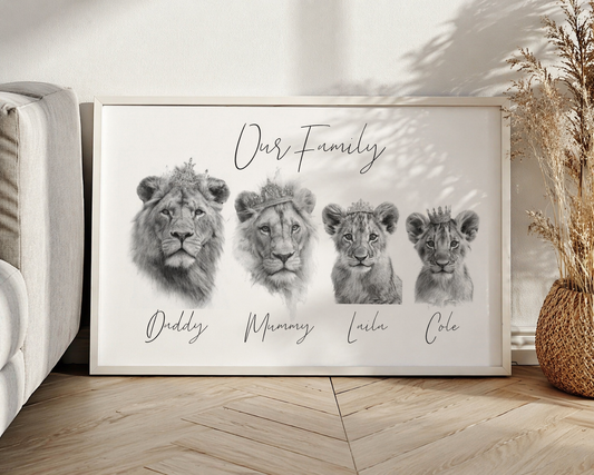 Personalised Lion Family Print A3 | Custom Family Portrait | Mum Dad Children Names Print | Minimalist Nursery Wall Art | Meaningful Family Gift UK