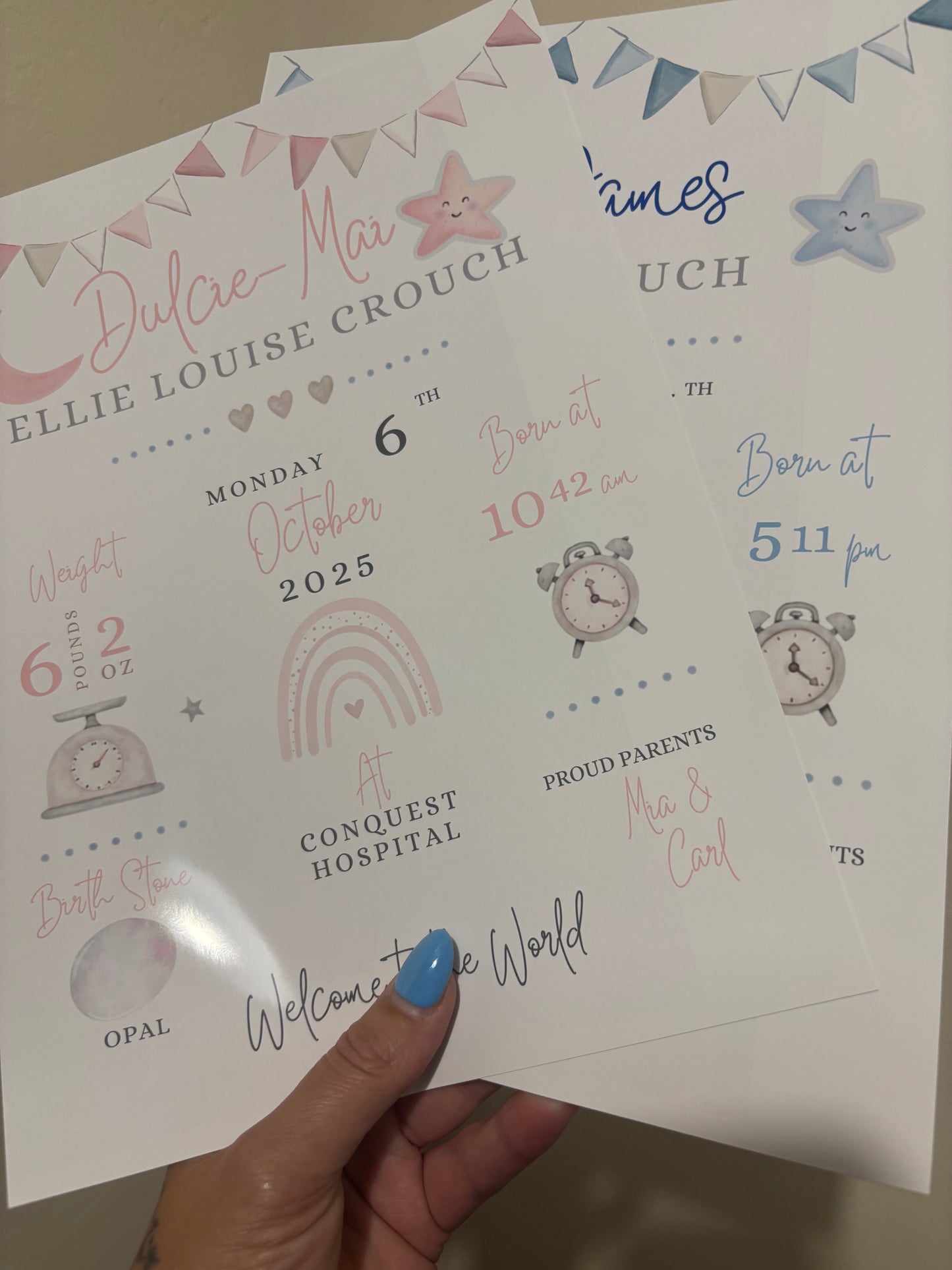 Personalised Baby Birth Stat Print | New Baby Keepsake | Nursery Wall Art | Pink or Blue