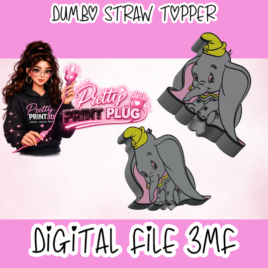 Dumbo Inspired Straw Topper STL File | Elephant Straw Charm 3MF Digital Download | Cup Accessory for Tumblers | 3D Print File