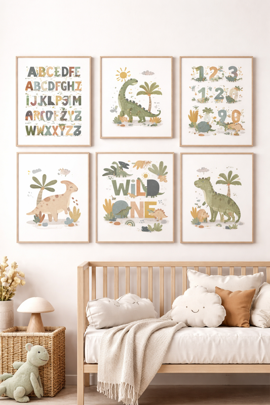 Dinosaur Nursery Wall Art Set | Dinosaur Alphabet, Numbers & Wild One Prints | Scandinavian Dino Nursery Decor | Printable Kids Room Posters | Digital Download
