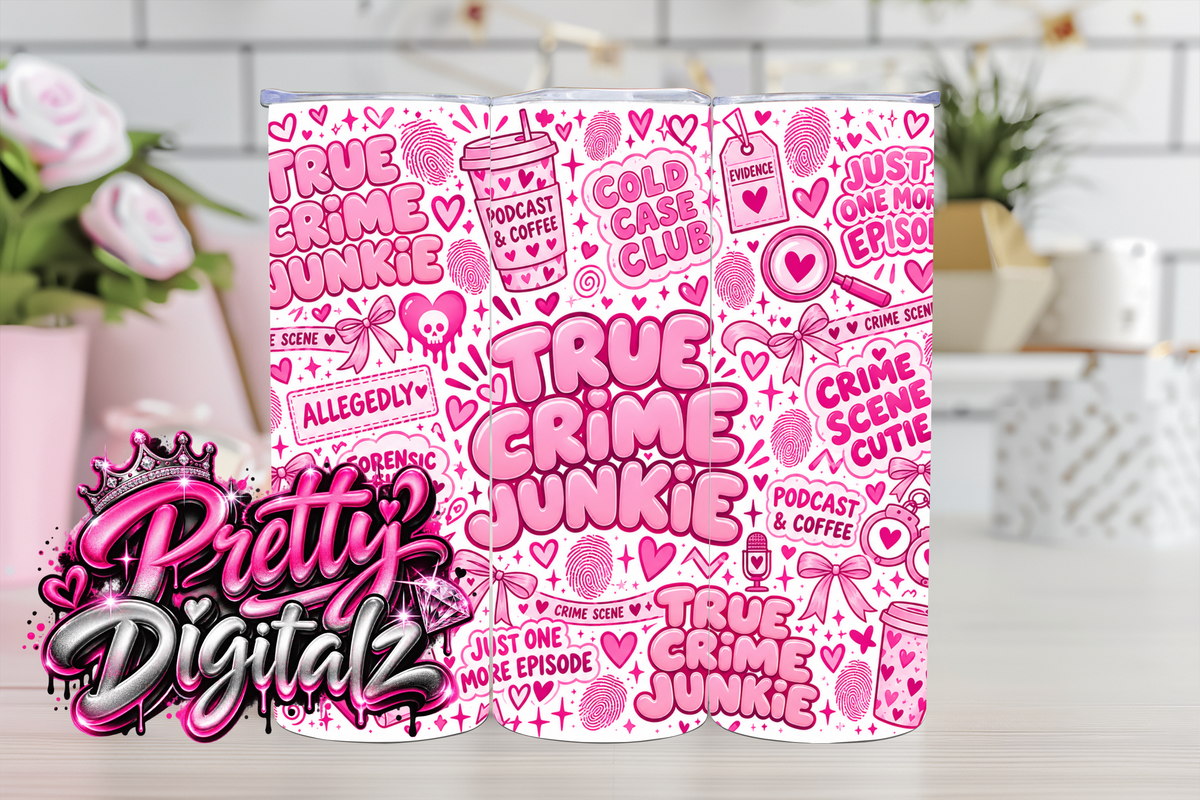 True Crime Junkie Tumbler Wrap Bundle | 8 Pink Crime PNG Designs | 20oz Sublimation Digital Download