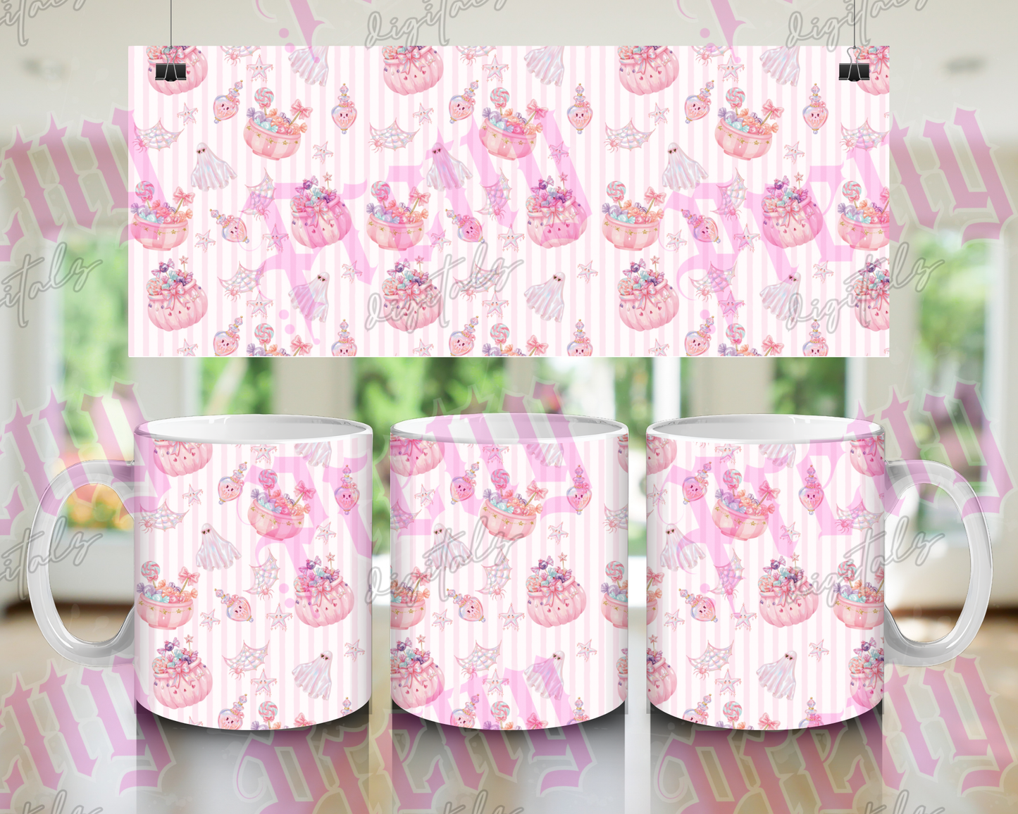 Pink Halloween Mug Wrap Bundle | Set of 4 Cute Spooky PNG Designs | 11oz Sublimation Mug Wraps | Ghost, Pumpkin, Witch & Black Cat | Instant Digital Download