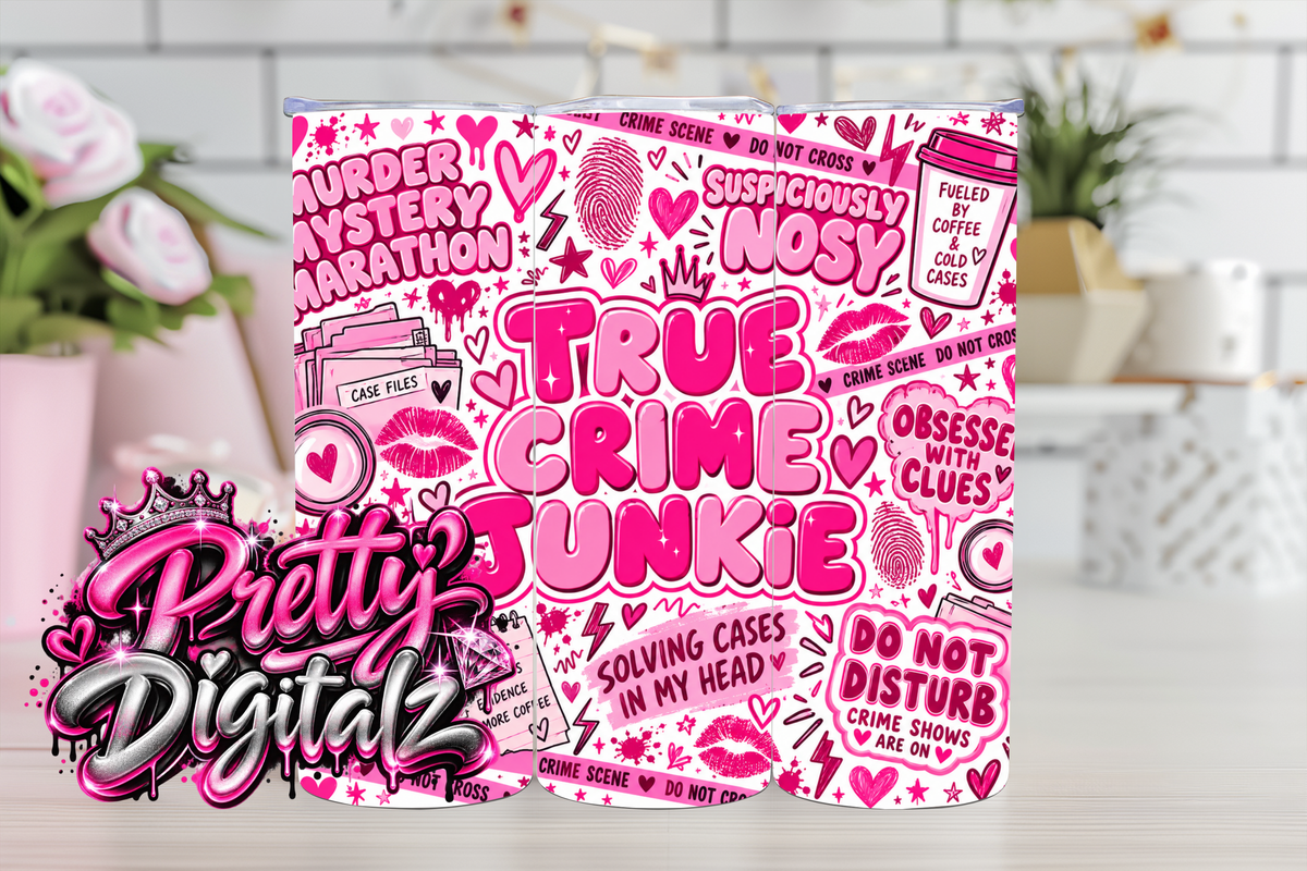 True Crime Junkie Tumbler Wrap Bundle | 8 Pink Crime PNG Designs | 20oz Sublimation Digital Download