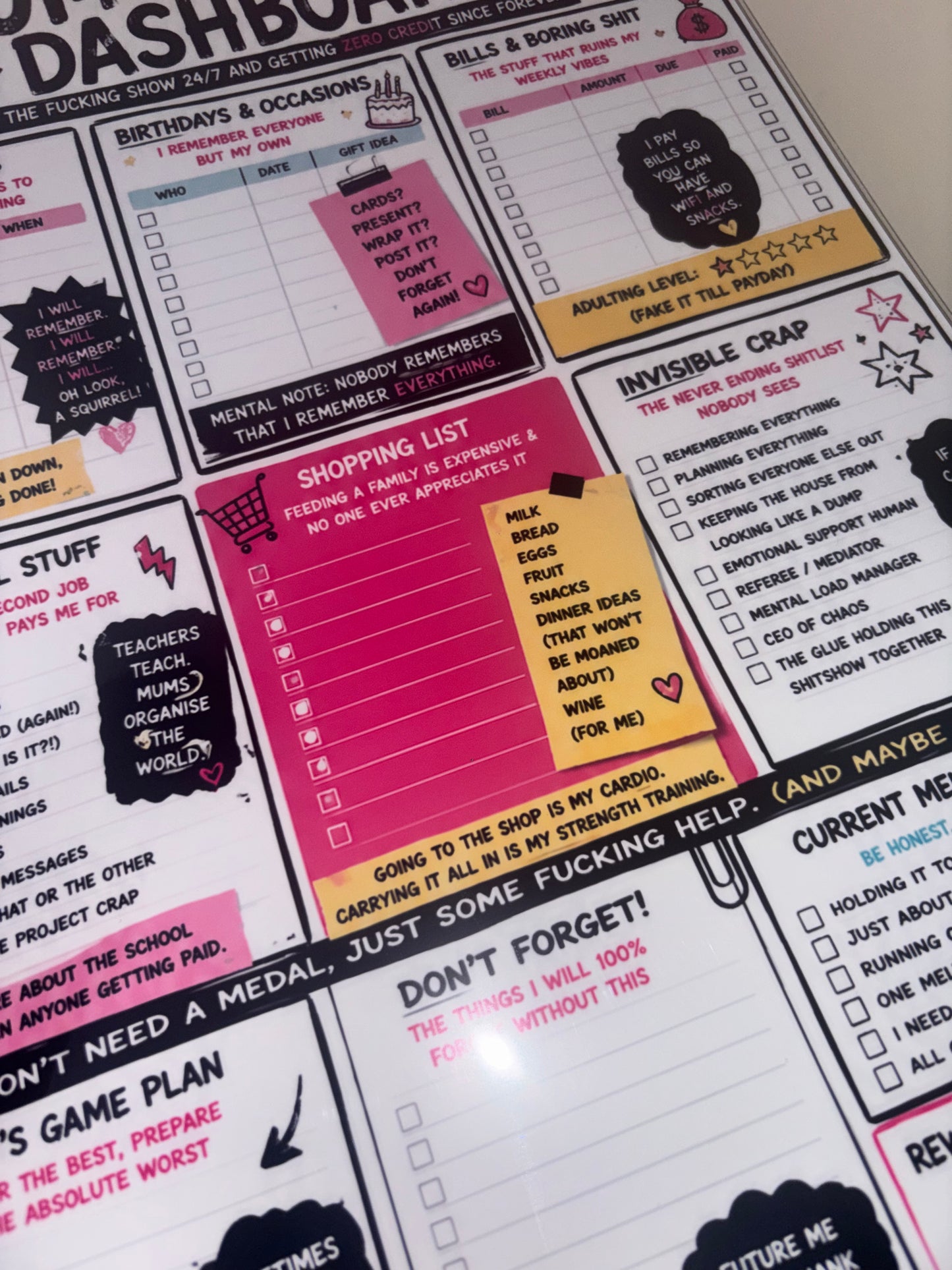Mum’s Mental Load Dashboard” | A3 Laminated Family Organiser | Funny ADHD Mum Planner | Sweary Household Command Centre | Dry Wipe Reusable Board