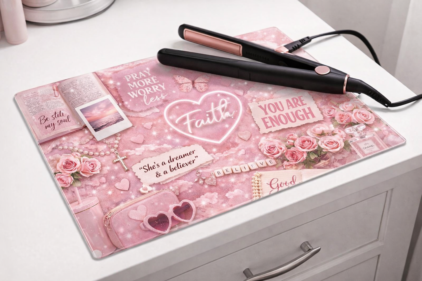 Pink Aesthetic Glass Chopping Board PNG Bundle – 5 Sublimation Designs + Styled Mockups | Digital Download