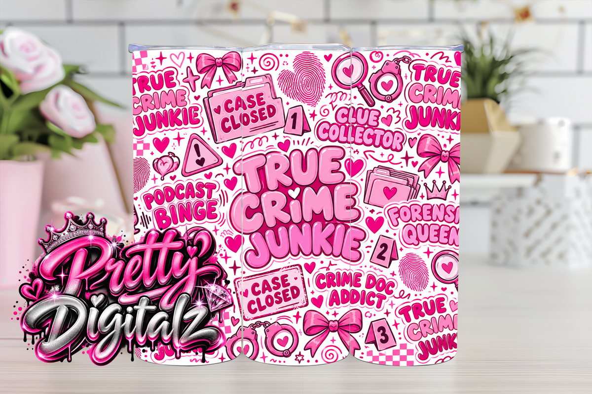 True Crime Junkie Tumbler Wrap Bundle | 8 Pink Crime PNG Designs | 20oz Sublimation Digital Download