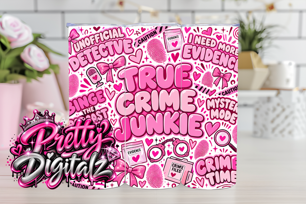 True Crime Junkie Tumbler Wrap Bundle | 8 Pink Crime PNG Designs | 20oz Sublimation Digital Download