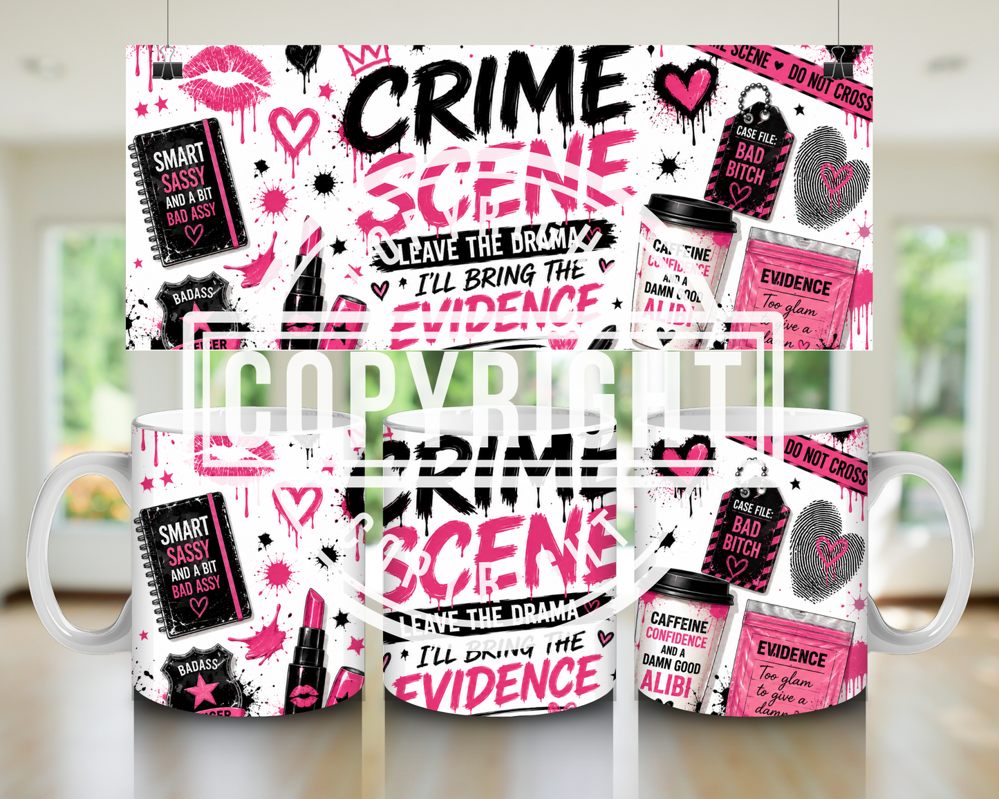 Pink & Black Crime Scene Mug Wrap Bundle | True Crime Sublimation PNG Designs | 11oz Mug Wraps | Girly Crime Digital Download