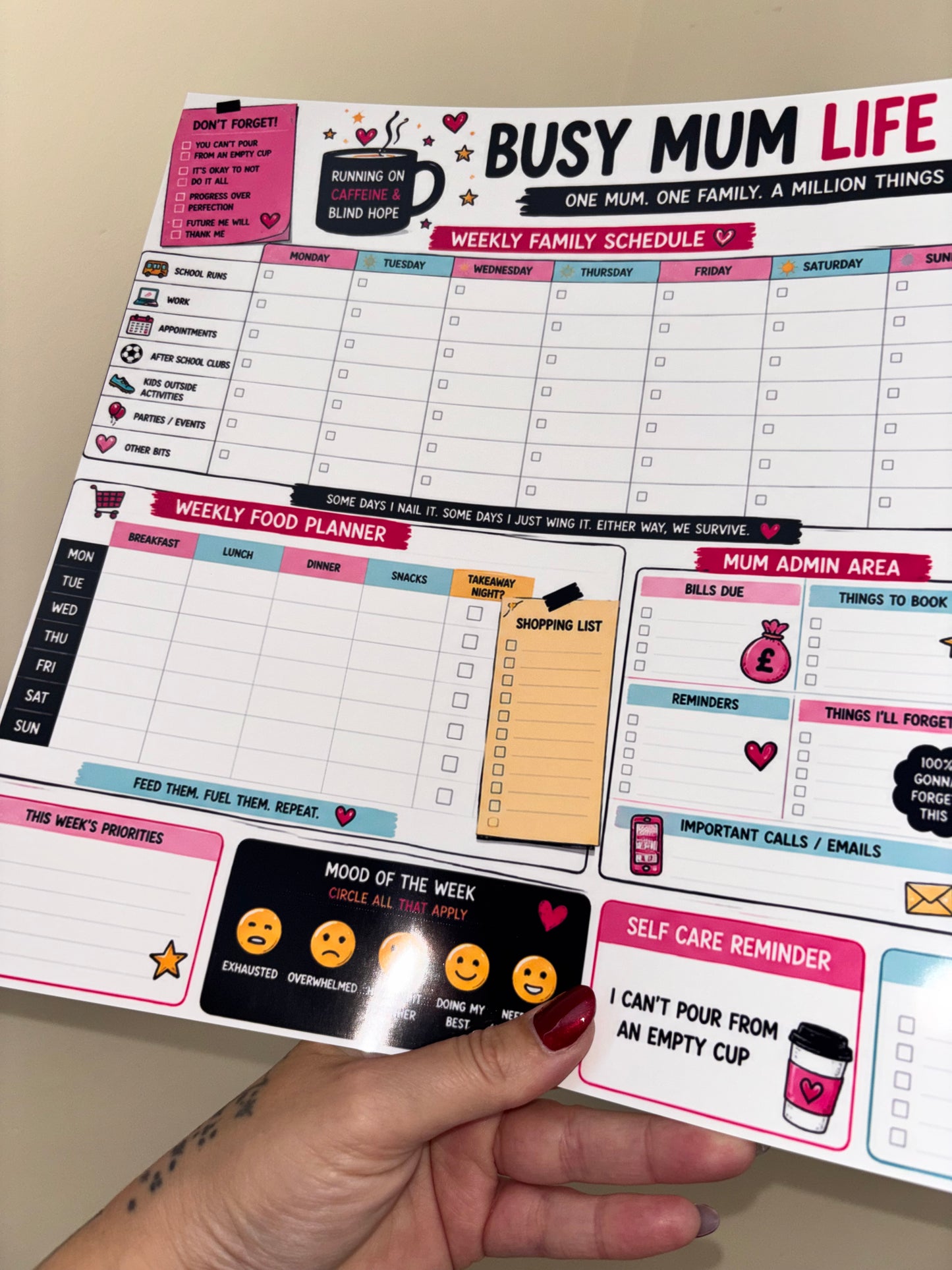 A3 Laminated Busy Mum Life Planner | Reusable Family Organiser Board | Weekly Meal & School Planner | Dry Wipe Mum Command Centre