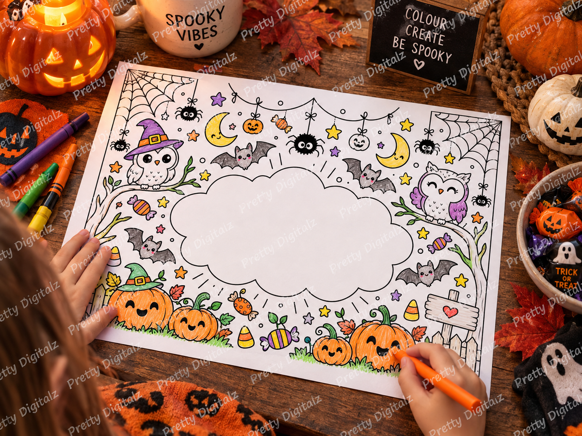 Personalised Halloween Colouring Mats | 10 A4 Halloween Activity Sheets | Add Any Name | Printable Digital Download