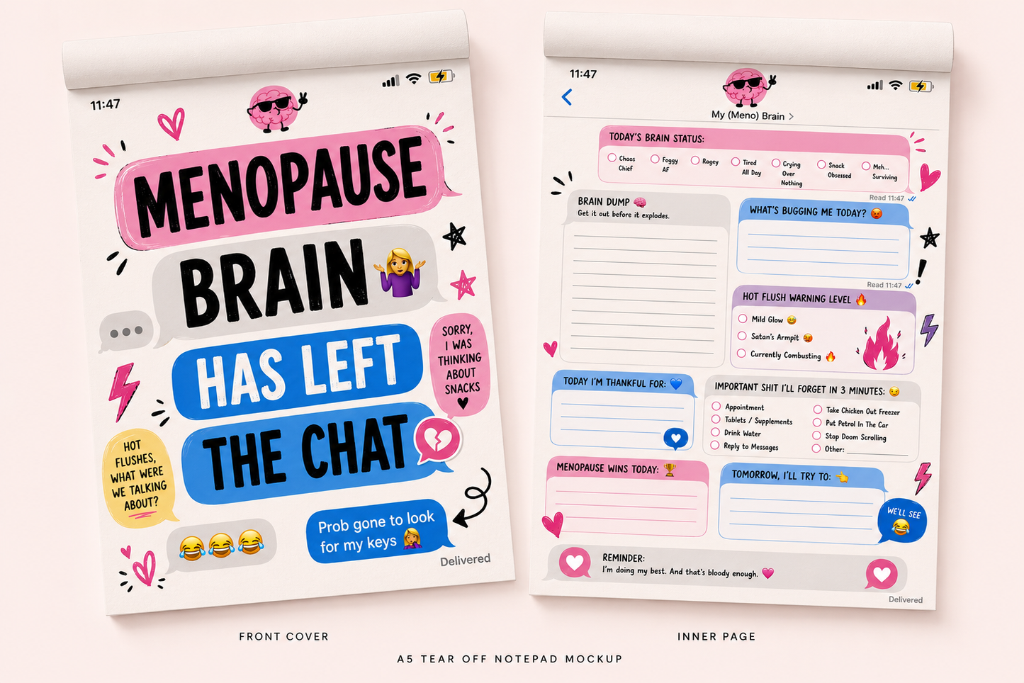 5 x Funny Menopause & Perimenopause A5 Notepad Bundle | Sweary Brain Dump Pads | Printable PDF Planner Pages | Instant Digital Download
