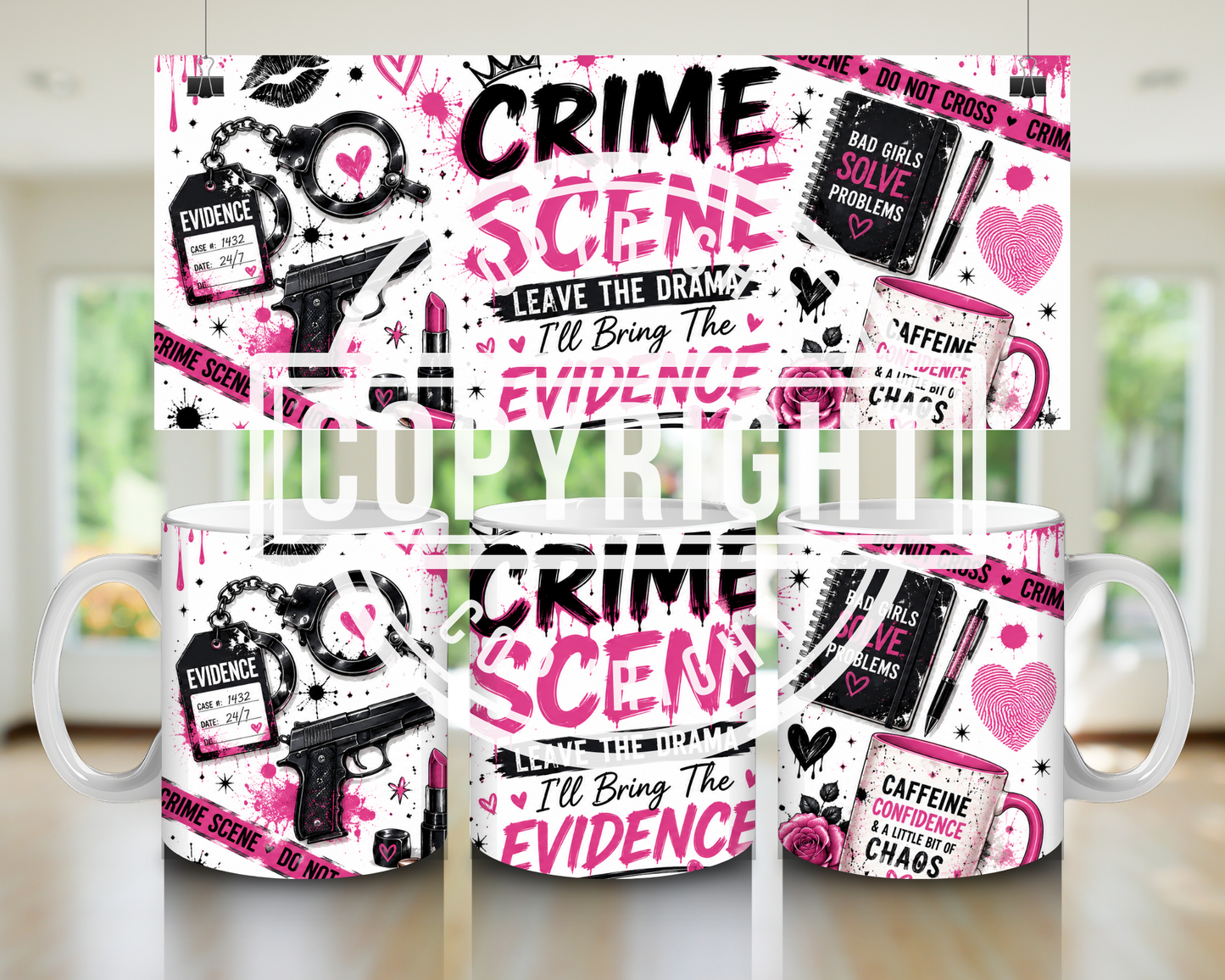 Pink & Black Crime Scene Mug Wrap Bundle | True Crime Sublimation PNG Designs | 11oz Mug Wraps | Girly Crime Digital Download
