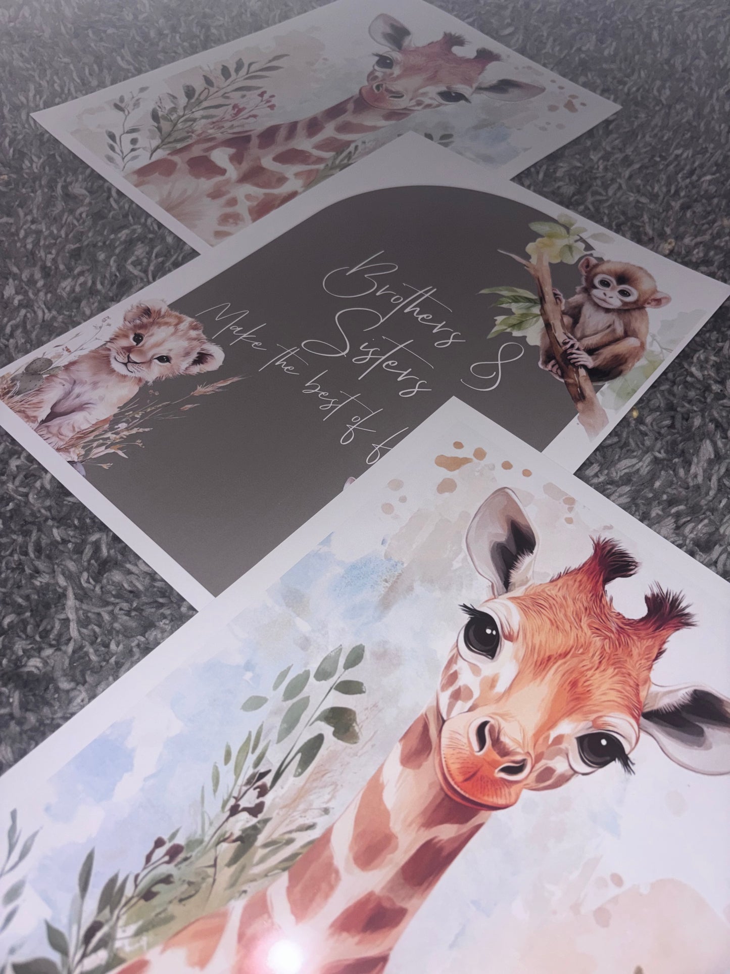 Safari Nursery Wall Art Set | Giraffe & Jungle Animals Prints | Brothers & Sisters Quote | Baby Room Decor | Watercolour Safari Nursery | Digital Download