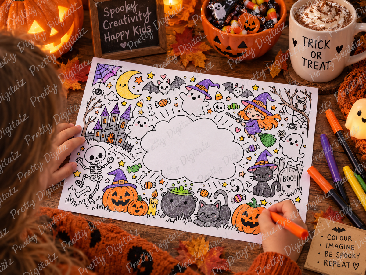Personalised Halloween Colouring Mats | 10 A4 Halloween Activity Sheets | Add Any Name | Printable Digital Download
