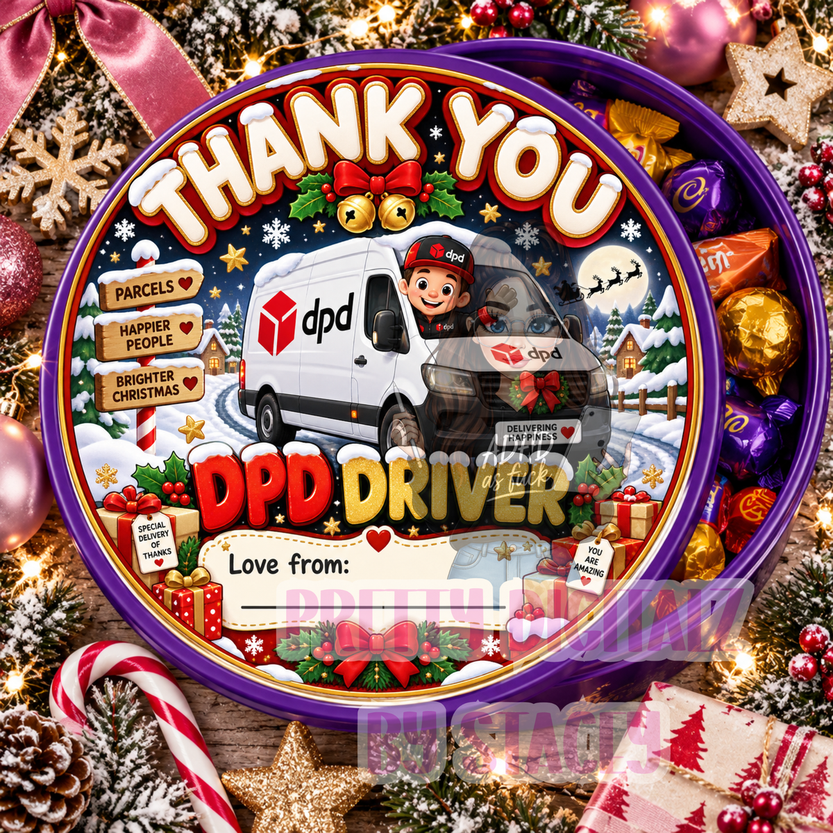 Christmas Delivery Driver Chocolate Tub Stickers | Set of 6 Digital PNG Designs | Royal Mail, DPD & Evri