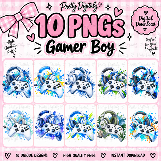 Gamer Boy PNG Bundle | 10 Gaming Controller & Headset Designs | 300 DPI Digital Download