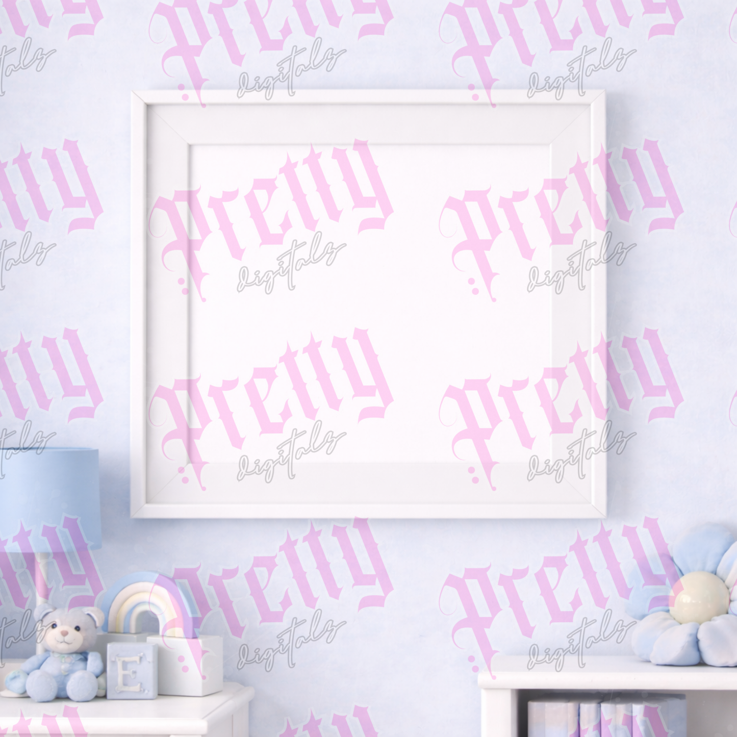 Blue Nursery Mockup Bundle – Cushion, T-Shirt, Mug & Frame Styled Product Display Set