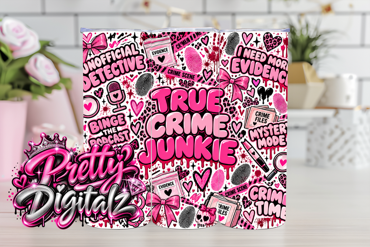 True Crime Junkie Tumbler Wrap Bundle | 8 Pink Crime PNG Designs | 20oz Sublimation Digital Download