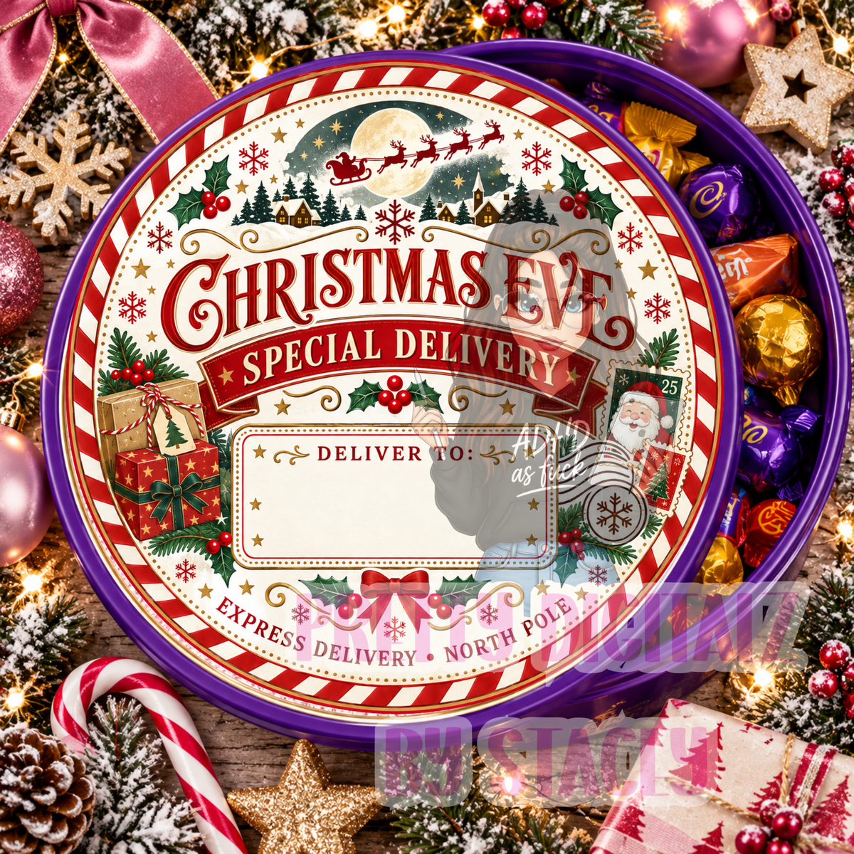 Christmas Chocolate Tub Lid Stickers Bundle | Set of 10 Personalised-Ready PNG Designs | 21cm Digital Download | plus Free mock ups