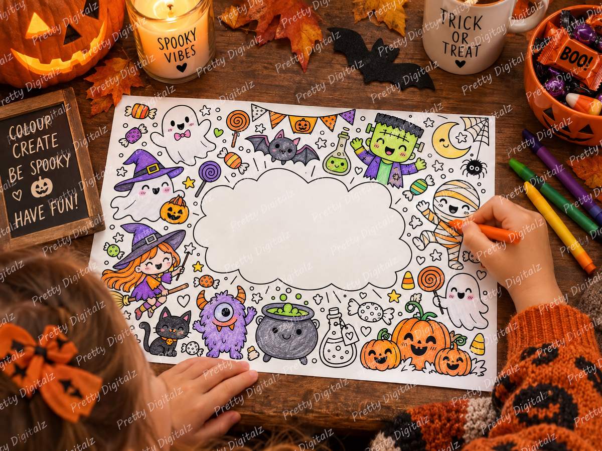 Personalised Halloween Colouring Mats | 10 A4 Halloween Activity Sheets | Add Any Name | Printable Digital Download