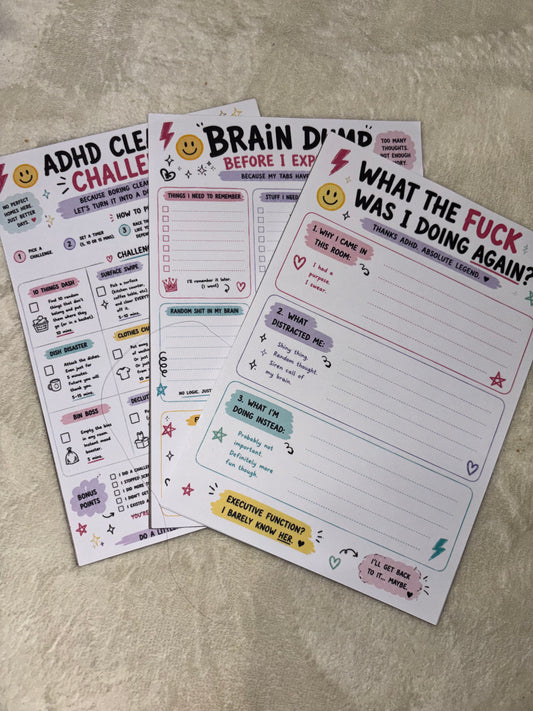 ADHD Notebook Bundle | Pick Any 3 Chaos-Friendly Notepads | Funny Neurospicy Stationery Set
