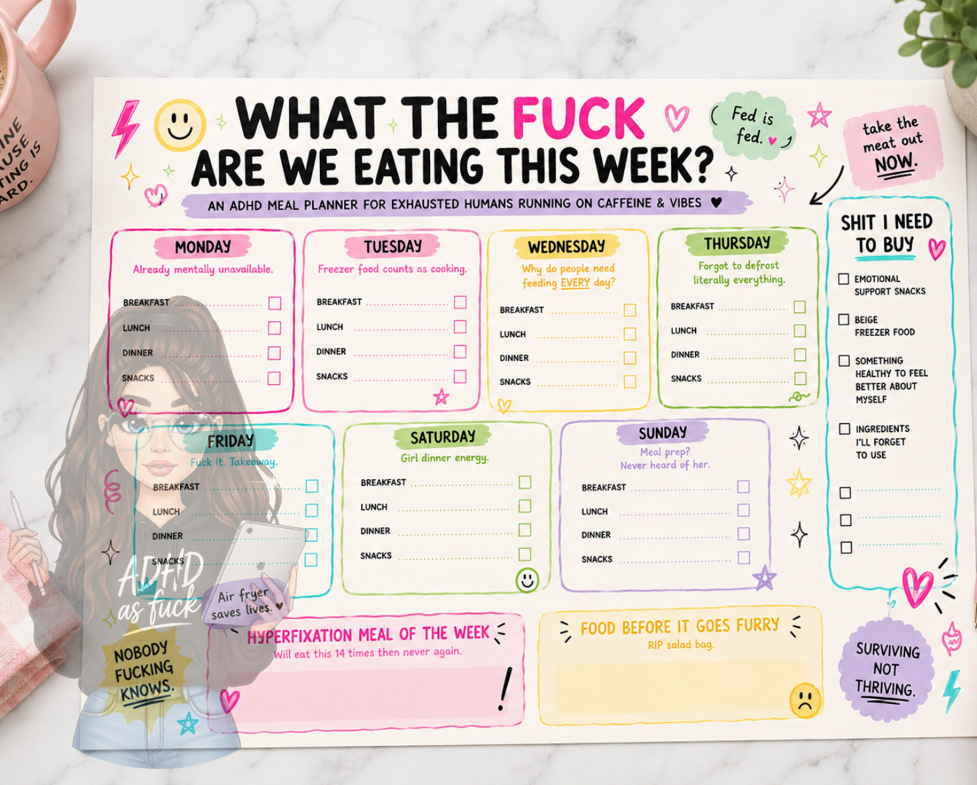 ADHD As Fuck Weekly Meal Planner | A3 Laminated Reusable Meal Planner | Funny Sweary Mum Planner | Pastel Chaos Kitchen Organiser