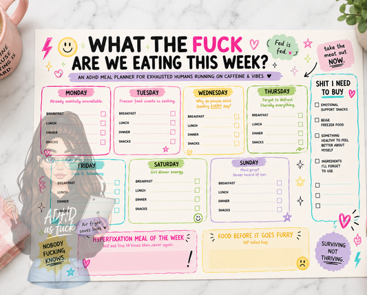 ADHD As Fuck Weekly Meal Planner | A3 Laminated Reusable Meal Planner | Funny Sweary Mum Planner | Pastel Chaos Kitchen Organiser