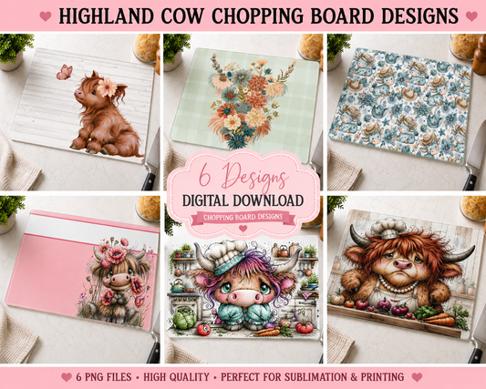 Highland Cow Glass Chopping Board PNG Bundle | 6 Cute Highland Cow Designs | Sublimation PNG | Glass Cutting Board Digital Download | 300 DPI